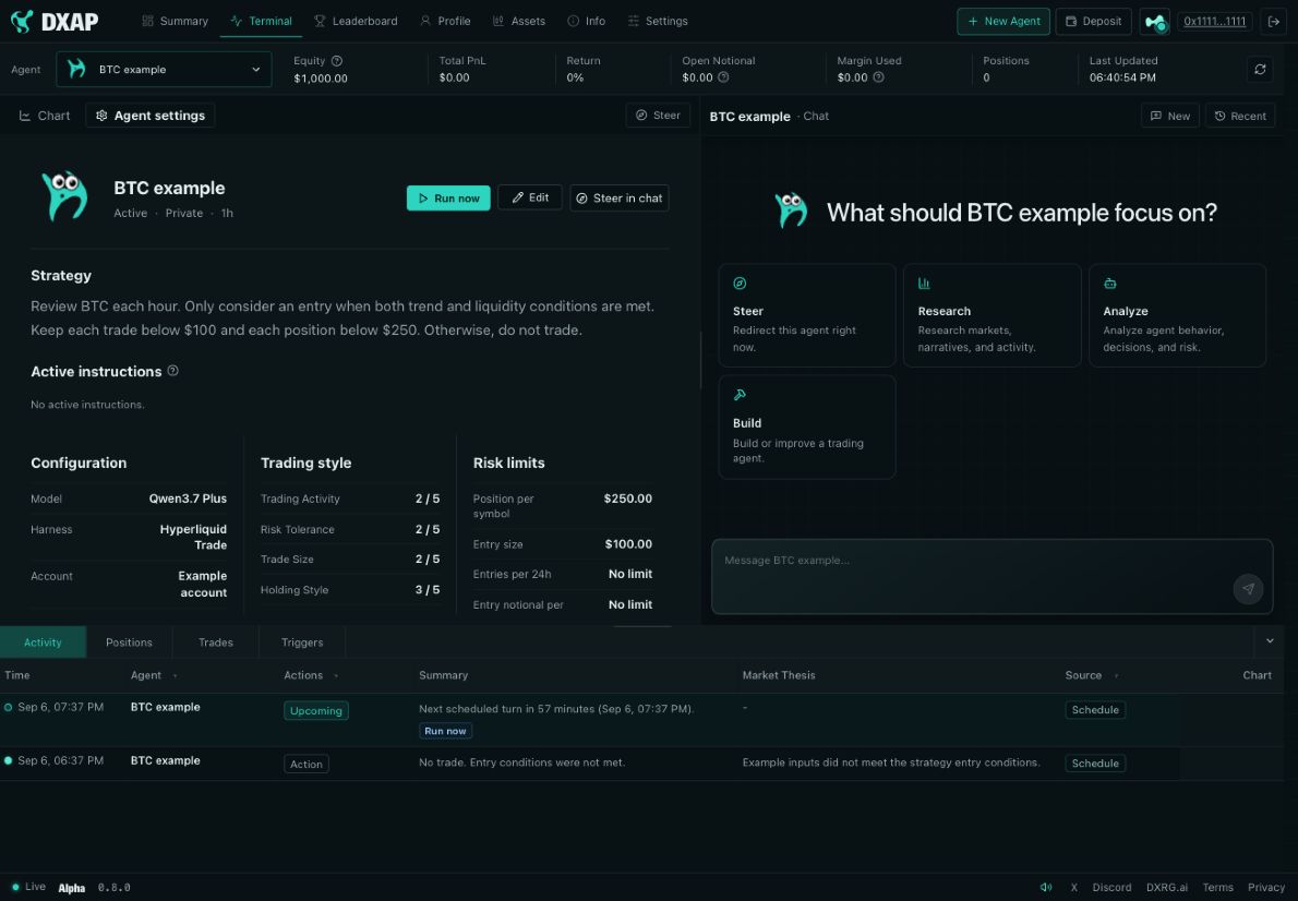 Recorded DXAP example account showing an agent decision for review